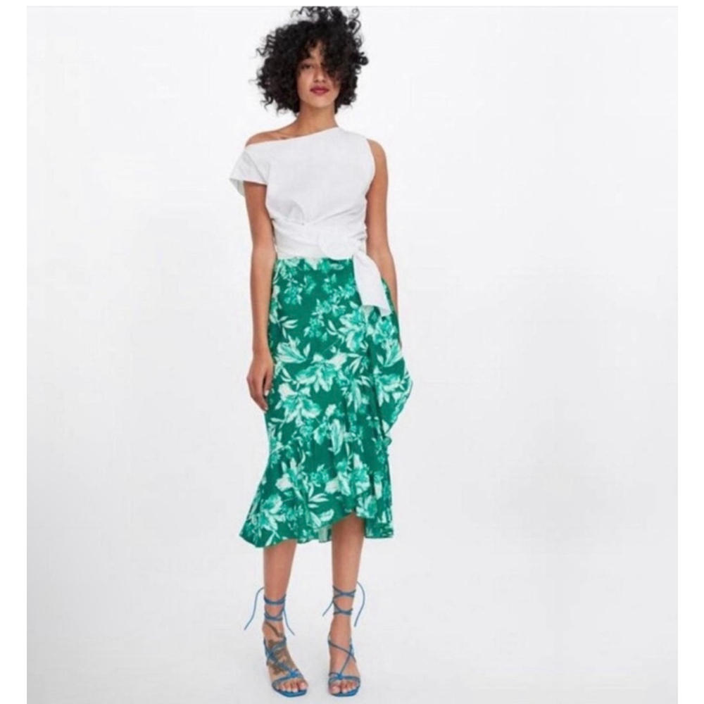 ZARA Floral Print Wrap Skirt Green Hawaiian Ruffle Flounce Hem Linen Midi XL